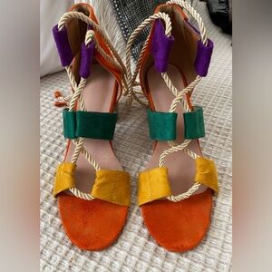 Colorblock Suede Rope-Strap Sandals — Orange, Green, Yellow & Purple
